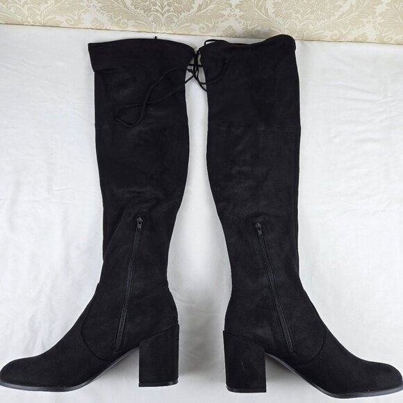 Unisa Size 8M "Denzel" Black Over The Knee Boots Block Heel Almond Toe - Picture 1 of 16